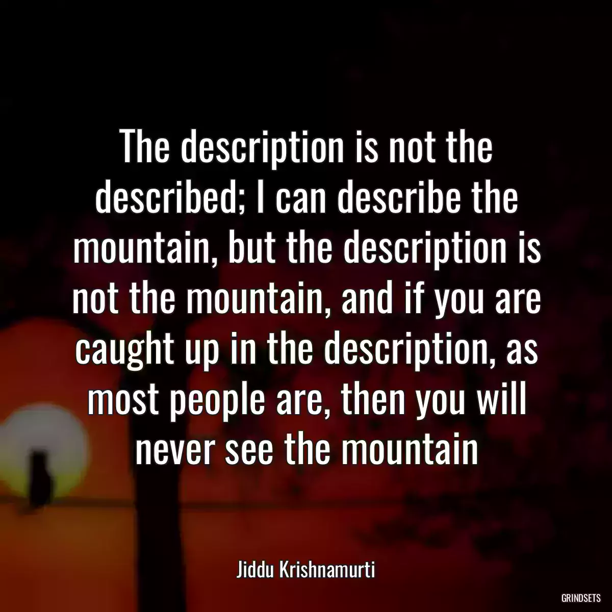 The description is not the described; I can describe the mountain, but the description is not the mountain, and if you are caught up in the description, as most people are, then you will never see the mountain