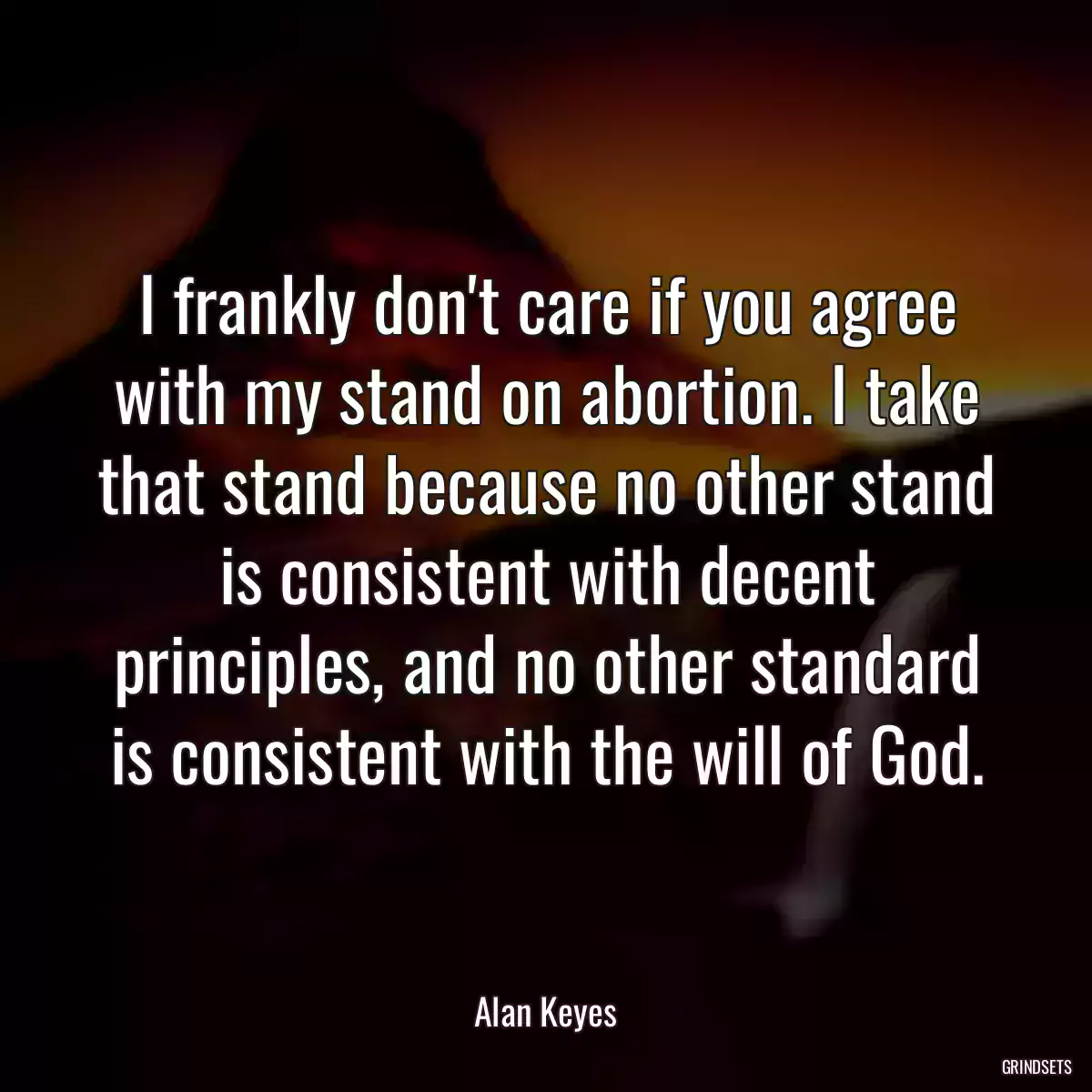 I frankly don\'t care if you agree with my stand on abortion. I take that stand because no other stand is consistent with decent principles, and no other standard is consistent with the will of God.