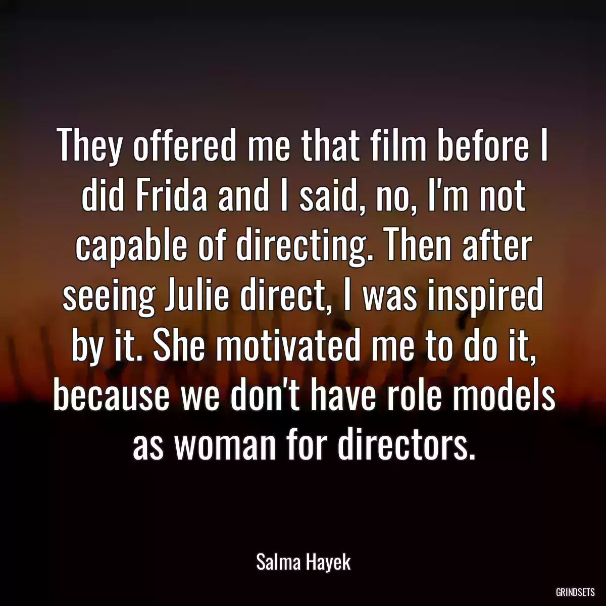 They offered me that film before I did Frida and I said, no, I\'m not capable of directing. Then after seeing Julie direct, I was inspired by it. She motivated me to do it, because we don\'t have role models as woman for directors.