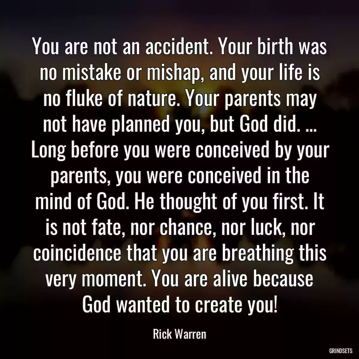 You are not an accident. Your birth was no mistake or mishap, and your life is no fluke of nature. Your parents may not have planned you, but God did. ... Long before you were conceived by your parents, you were conceived in the mind of God. He thought of you first. It is not fate, nor chance, nor luck, nor coincidence that you are breathing this very moment. You are alive because God wanted to create you!