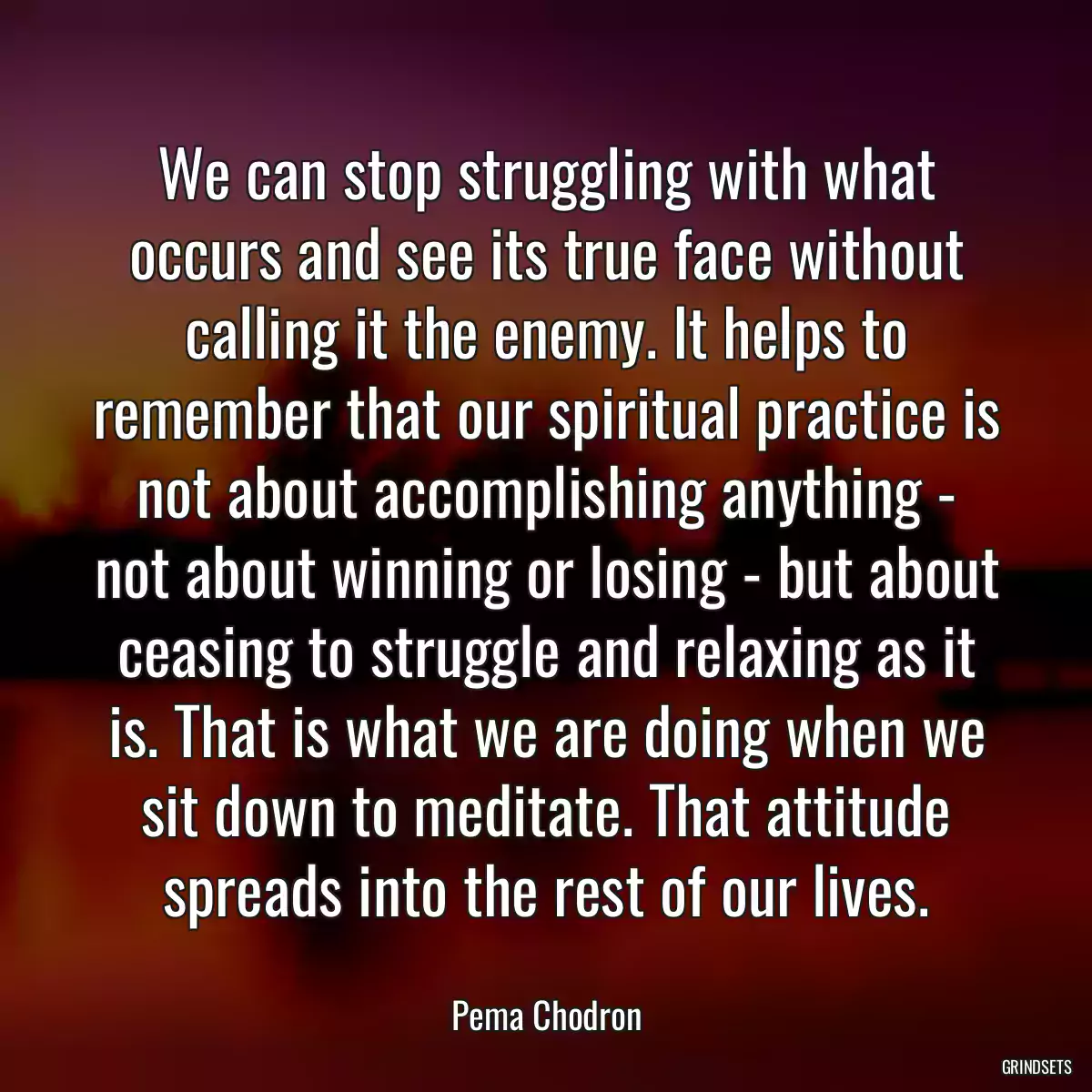 We can stop struggling with what occurs and see its true face without calling it the enemy. It helps to remember that our spiritual practice is not about accomplishing anything - not about winning or losing - but about ceasing to struggle and relaxing as it is. That is what we are doing when we sit down to meditate. That attitude spreads into the rest of our lives.