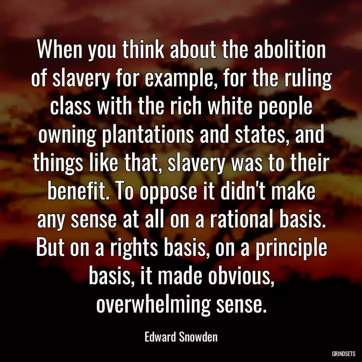 When you think about the abolition of slavery for example, for the ruling class with the rich white people owning plantations and states, and things like that, slavery was to their benefit. To oppose it didn\'t make any sense at all on a rational basis. But on a rights basis, on a principle basis, it made obvious, overwhelming sense.