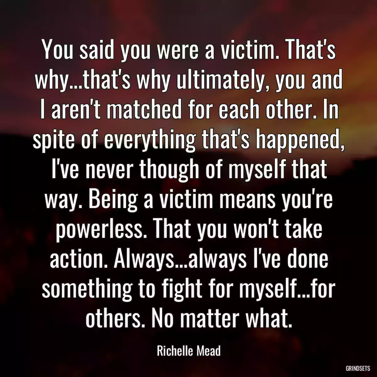 You said you were a victim. That\'s why...that\'s why ultimately, you and I aren\'t matched for each other. In spite of everything that\'s happened, I\'ve never though of myself that way. Being a victim means you\'re powerless. That you won\'t take action. Always...always I\'ve done something to fight for myself...for others. No matter what.