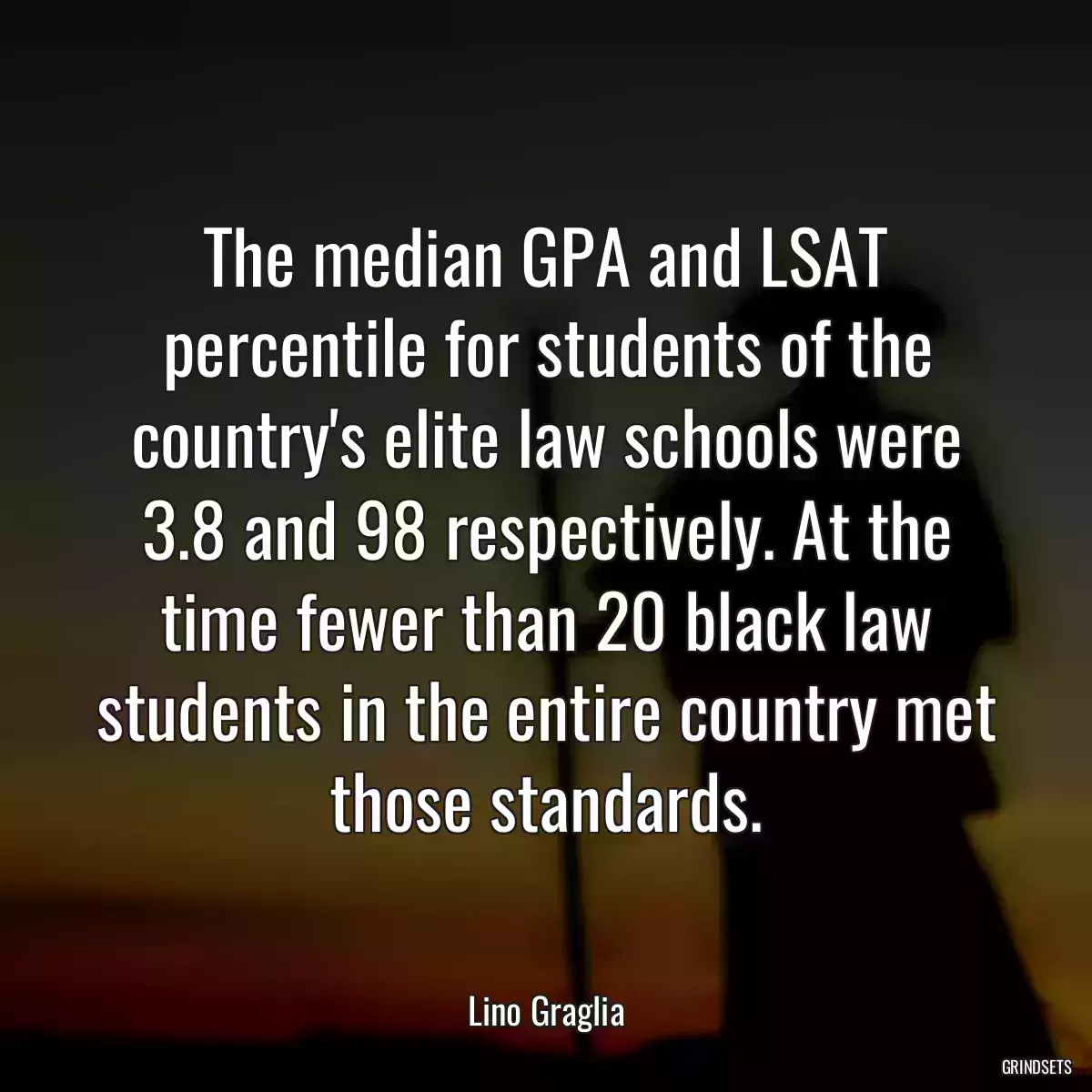 The median GPA and LSAT percentile for students of the country\'s elite law schools were 3.8 and 98 respectively. At the time fewer than 20 black law students in the entire country met those standards.