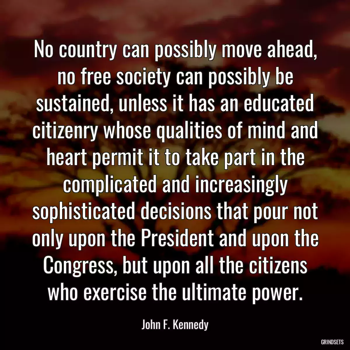 No country can possibly move ahead, no free society can possibly be sustained, unless it has an educated citizenry whose qualities of mind and heart permit it to take part in the complicated and increasingly sophisticated decisions that pour not only upon the President and upon the Congress, but upon all the citizens who exercise the ultimate power.