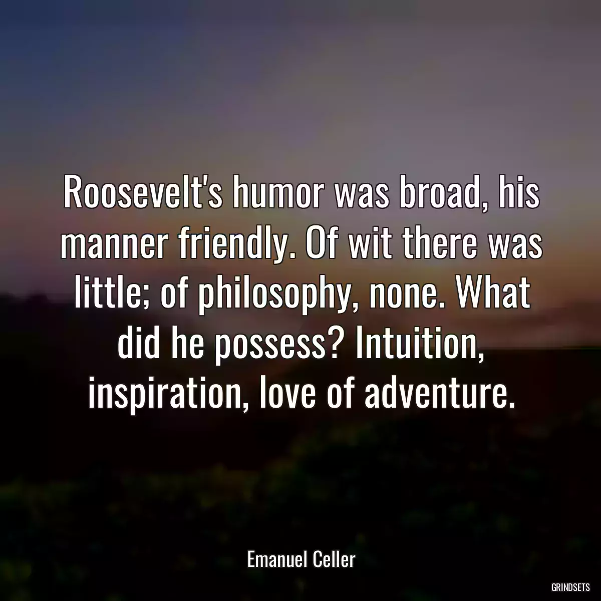 Roosevelt\'s humor was broad, his manner friendly. Of wit there was little; of philosophy, none. What did he possess? Intuition, inspiration, love of adventure.