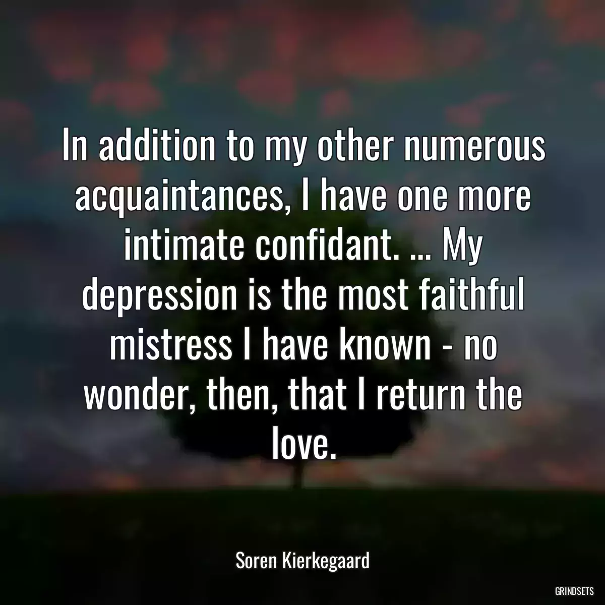 In addition to my other numerous acquaintances, I have one more intimate confidant. ... My depression is the most faithful mistress I have known - no wonder, then, that I return the love.