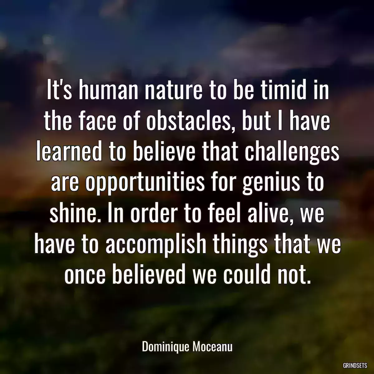 It\'s human nature to be timid in the face of obstacles, but I have learned to believe that challenges are opportunities for genius to shine. In order to feel alive, we have to accomplish things that we once believed we could not.