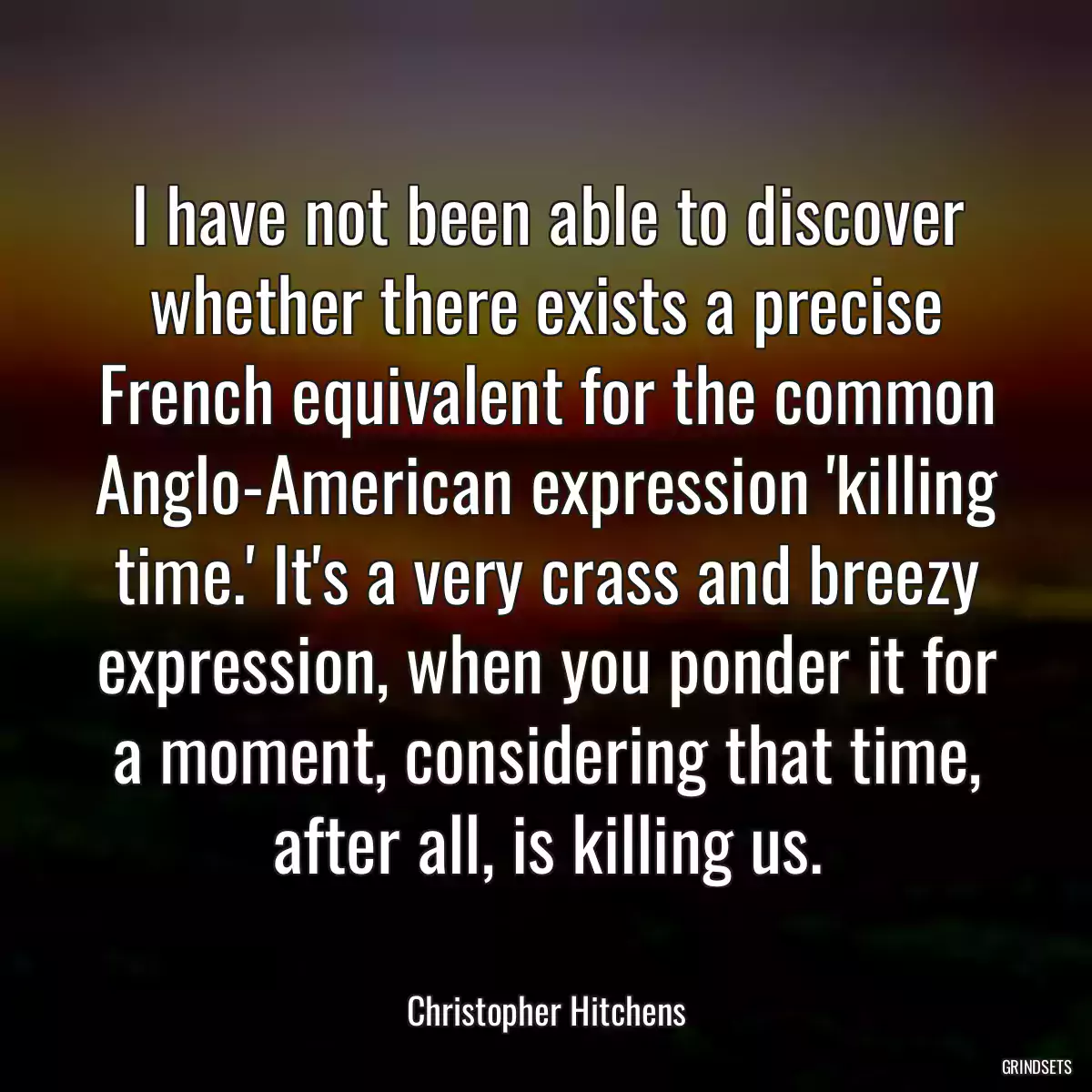 I have not been able to discover whether there exists a precise French equivalent for the common Anglo-American expression \'killing time.\' It\'s a very crass and breezy expression, when you ponder it for a moment, considering that time, after all, is killing us.