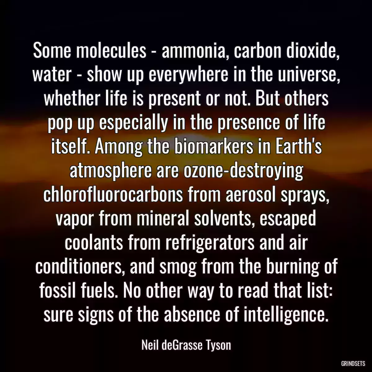 Some molecules - ammonia, carbon dioxide, water - show up everywhere in the universe, whether life is present or not. But others pop up especially in the presence of life itself. Among the biomarkers in Earth\'s atmosphere are ozone-destroying chlorofluorocarbons from aerosol sprays, vapor from mineral solvents, escaped coolants from refrigerators and air conditioners, and smog from the burning of fossil fuels. No other way to read that list: sure signs of the absence of intelligence.