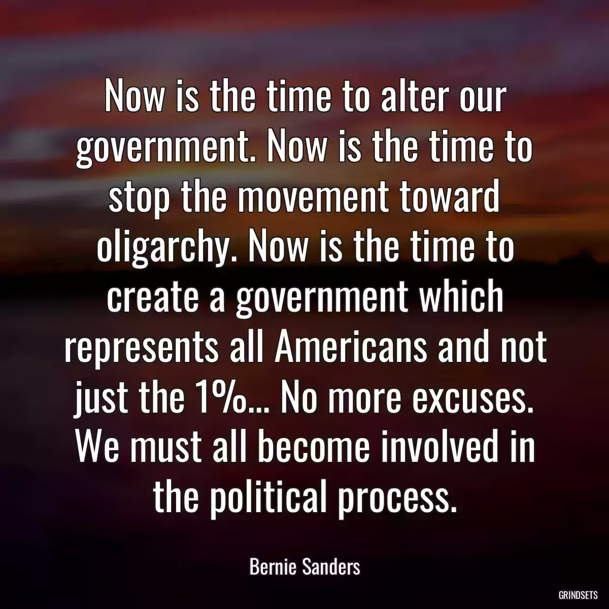 Now is the time to alter our government. Now is the time to stop the movement toward oligarchy. Now is the time to create a government which represents all Americans and not just the 1%... No more excuses. We must all become involved in the political process.