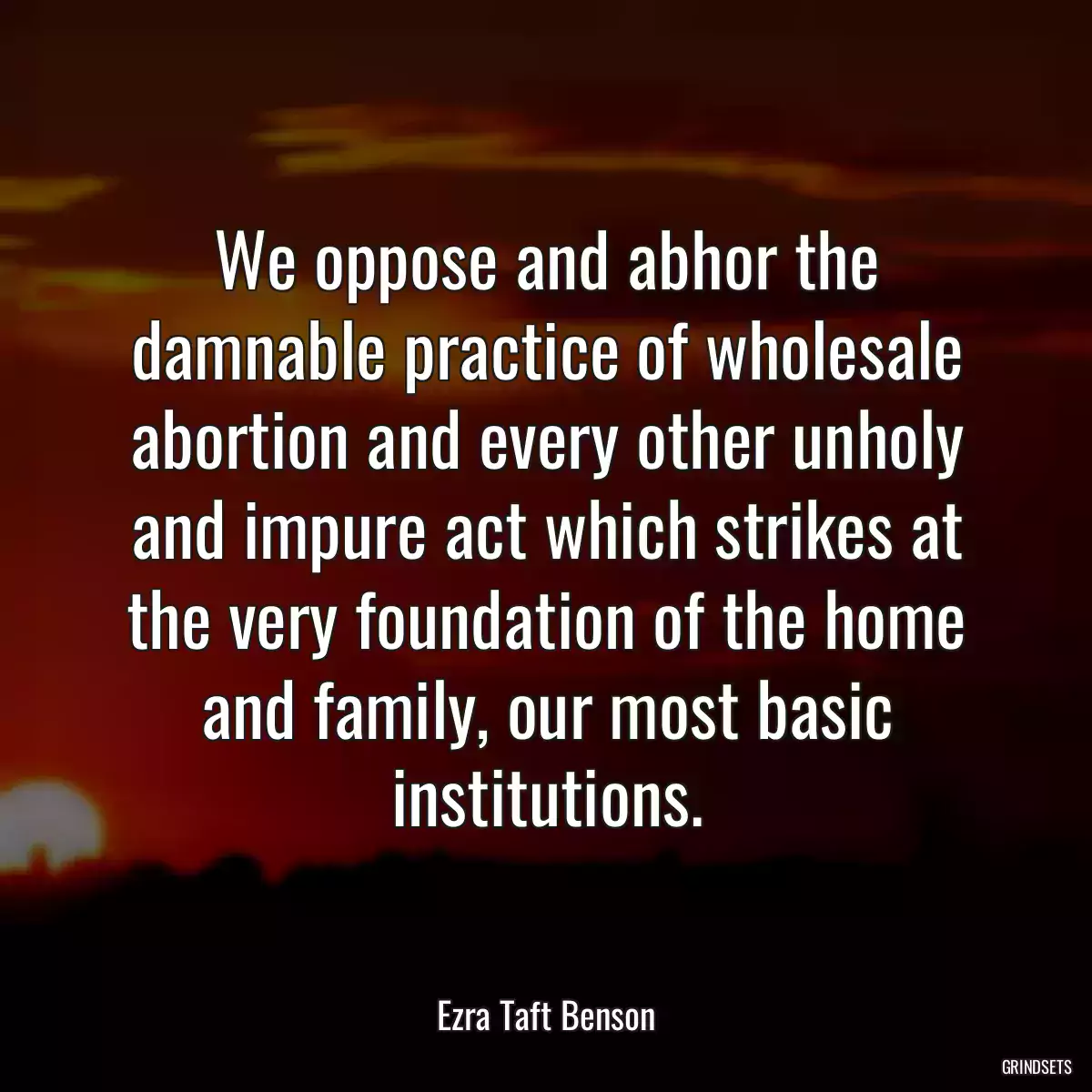 We oppose and abhor the damnable practice of wholesale abortion and every other unholy and impure act which strikes at the very foundation of the home and family, our most basic institutions.