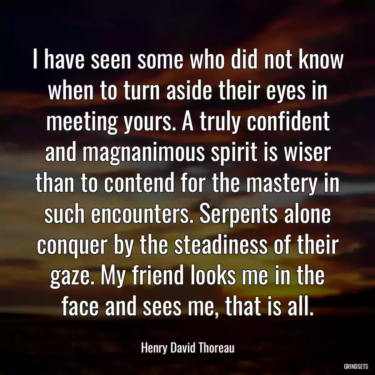 I have seen some who did not know when to turn aside their eyes in meeting yours. A truly confident and magnanimous spirit is wiser than to contend for the mastery in such encounters. Serpents alone conquer by the steadiness of their gaze. My friend looks me in the face and sees me, that is all.