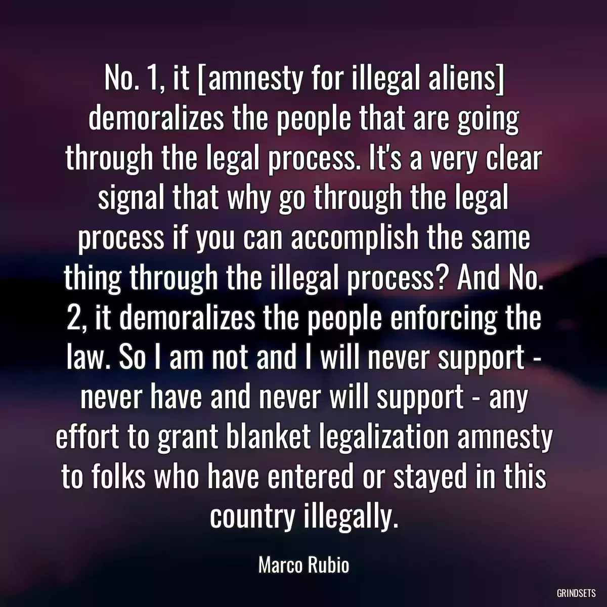 No. 1, it [amnesty for illegal aliens] demoralizes the people that are going through the legal process. It\'s a very clear signal that why go through the legal process if you can accomplish the same thing through the illegal process? And No. 2, it demoralizes the people enforcing the law. So I am not and I will never support - never have and never will support - any effort to grant blanket legalization amnesty to folks who have entered or stayed in this country illegally.