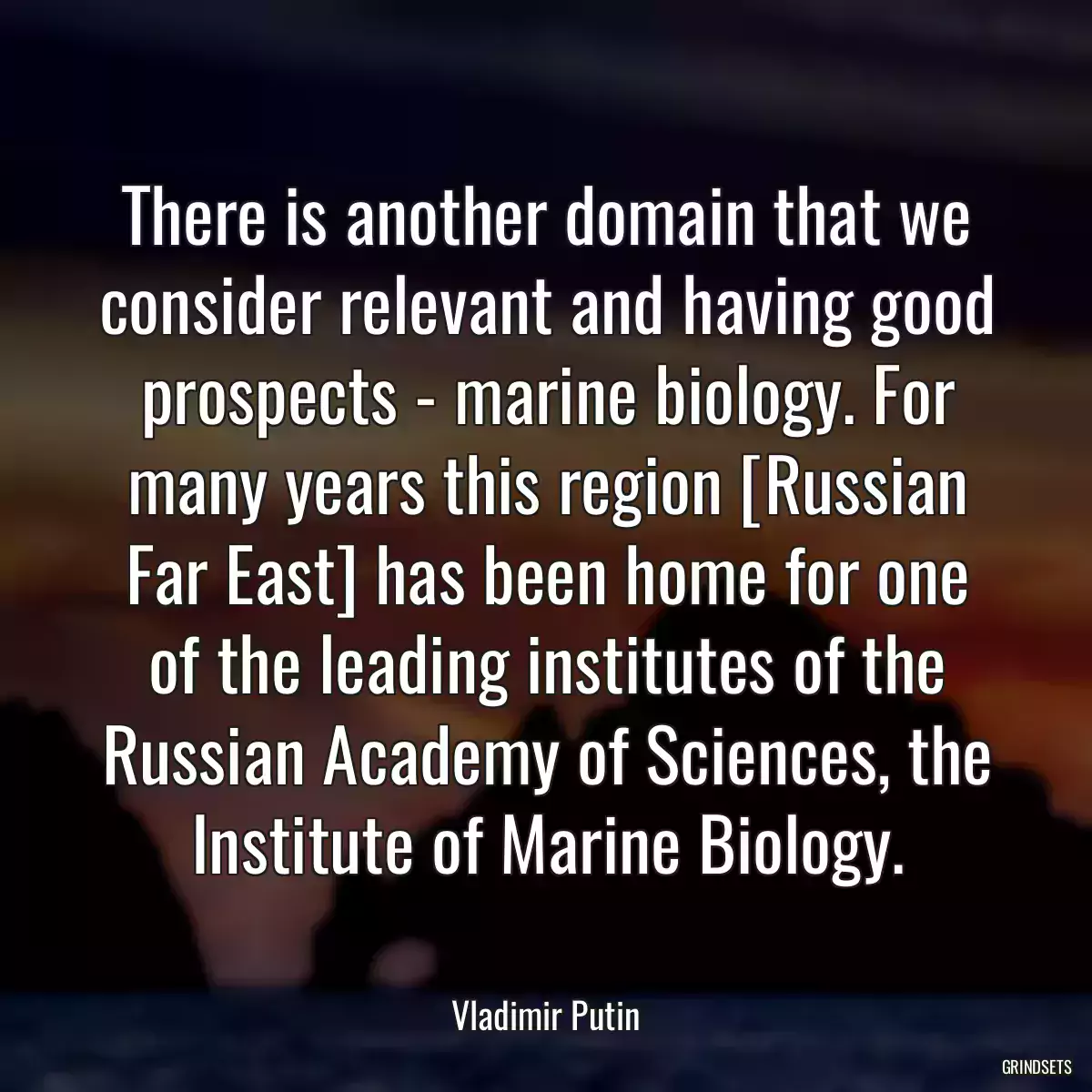 There is another domain that we consider relevant and having good prospects - marine biology. For many years this region [Russian Far East] has been home for one of the leading institutes of the Russian Academy of Sciences, the Institute of Marine Biology.