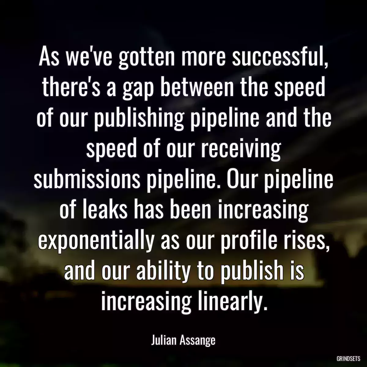 As we\'ve gotten more successful, there\'s a gap between the speed of our publishing pipeline and the speed of our receiving submissions pipeline. Our pipeline of leaks has been increasing exponentially as our profile rises, and our ability to publish is increasing linearly.