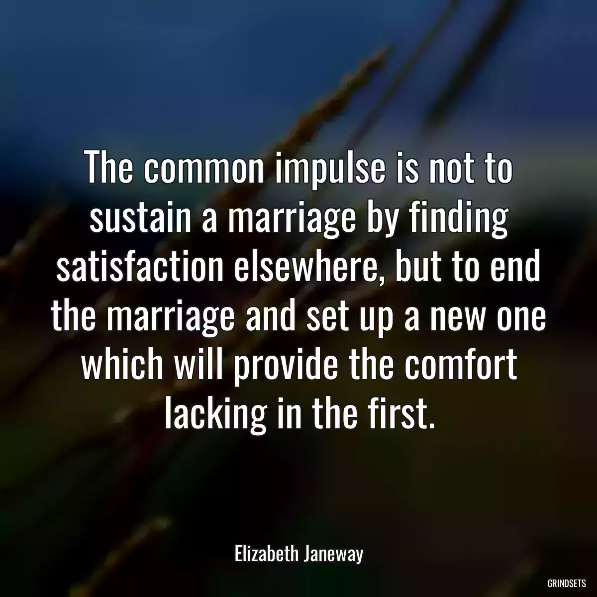 The common impulse is not to sustain a marriage by finding satisfaction elsewhere, but to end the marriage and set up a new one which will provide the comfort lacking in the first.