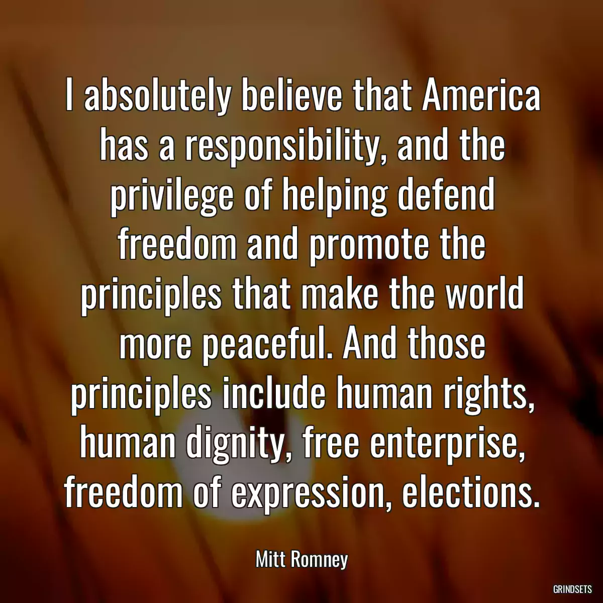 I absolutely believe that America has a responsibility, and the privilege of helping defend freedom and promote the principles that make the world more peaceful. And those principles include human rights, human dignity, free enterprise, freedom of expression, elections.