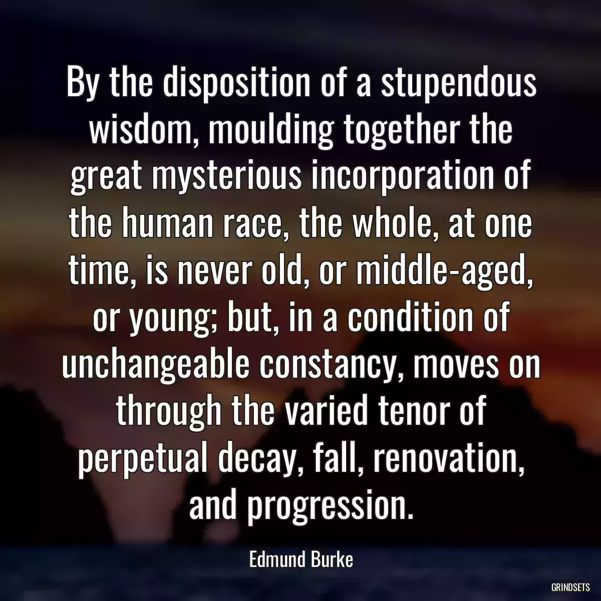 By the disposition of a stupendous wisdom, moulding together the great mysterious incorporation of the human race, the whole, at one time, is never old, or middle-aged, or young; but, in a condition of unchangeable constancy, moves on through the varied tenor of perpetual decay, fall, renovation, and progression.