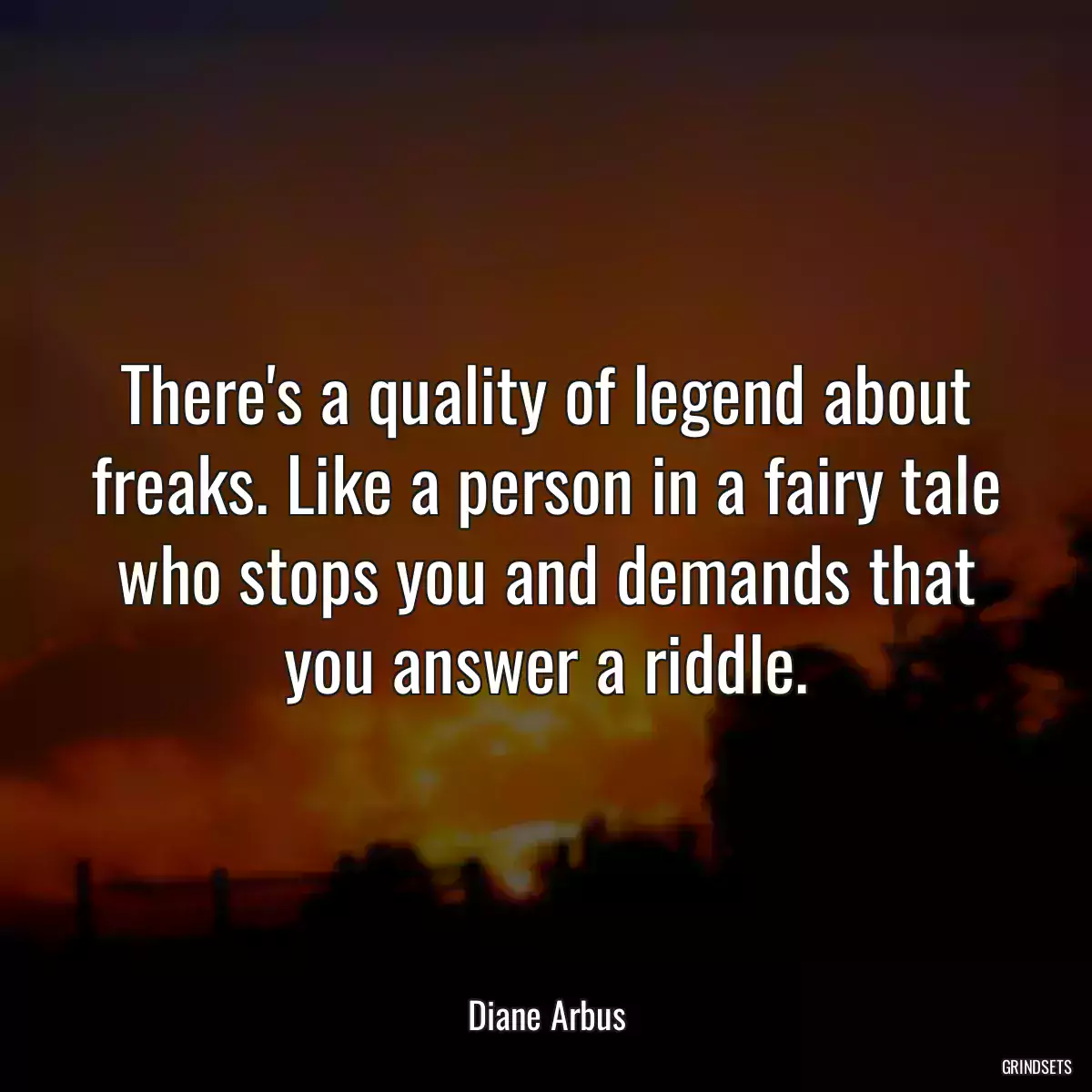 There\'s a quality of legend about freaks. Like a person in a fairy tale who stops you and demands that you answer a riddle.