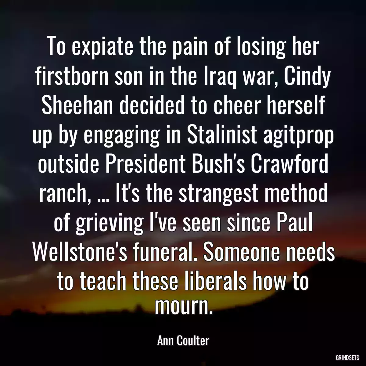 To expiate the pain of losing her firstborn son in the Iraq war, Cindy Sheehan decided to cheer herself up by engaging in Stalinist agitprop outside President Bush\'s Crawford ranch, ... It\'s the strangest method of grieving I\'ve seen since Paul Wellstone\'s funeral. Someone needs to teach these liberals how to mourn.