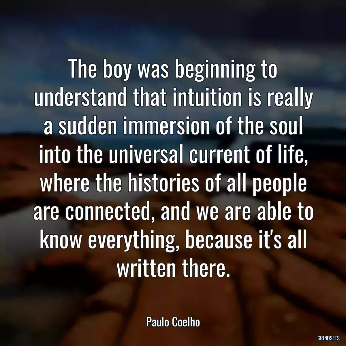 The boy was beginning to understand that intuition is really a sudden immersion of the soul into the universal current of life, where the histories of all people are connected, and we are able to know everything, because it\'s all written there.