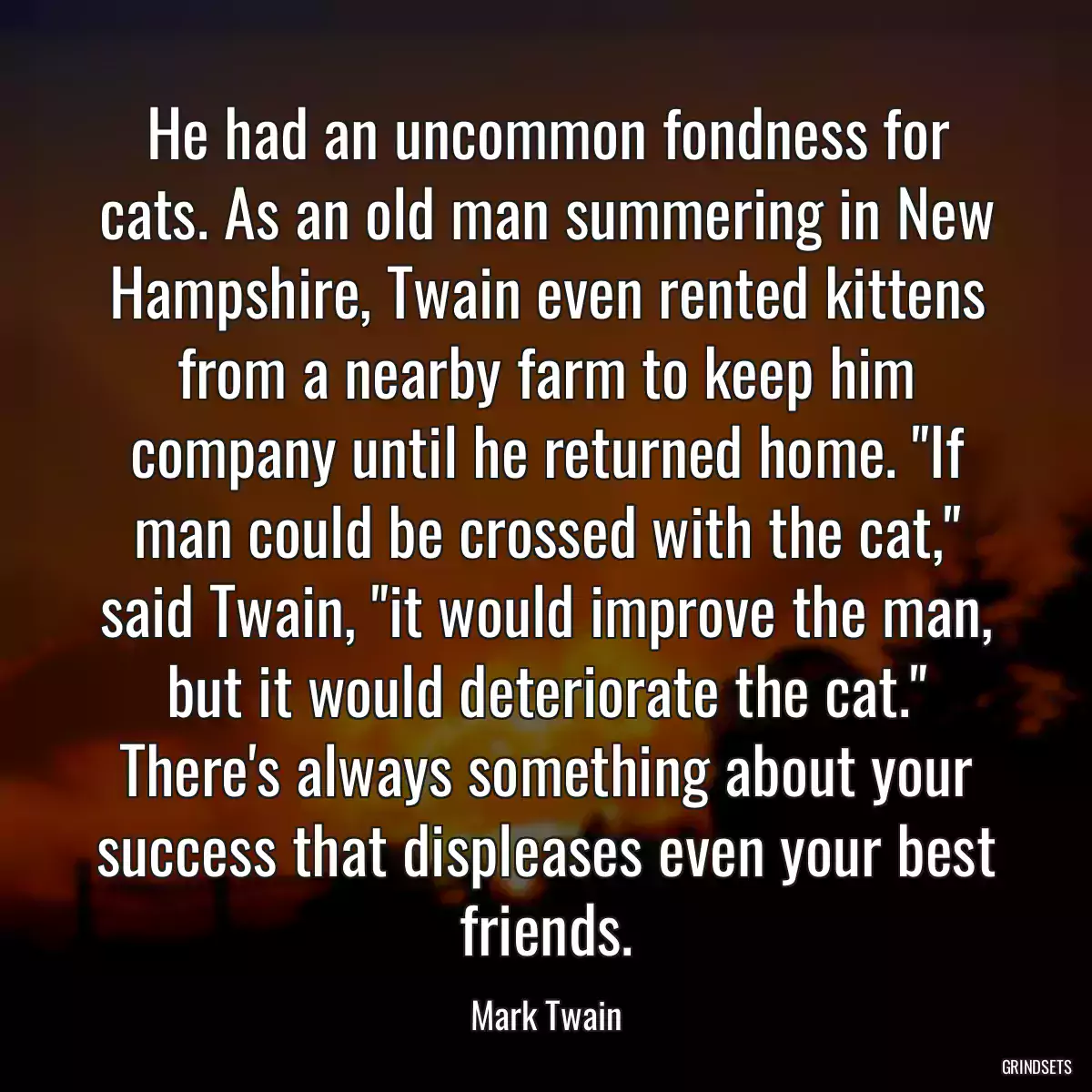 He had an uncommon fondness for cats. As an old man summering in New Hampshire, Twain even rented kittens from a nearby farm to keep him company until he returned home. \