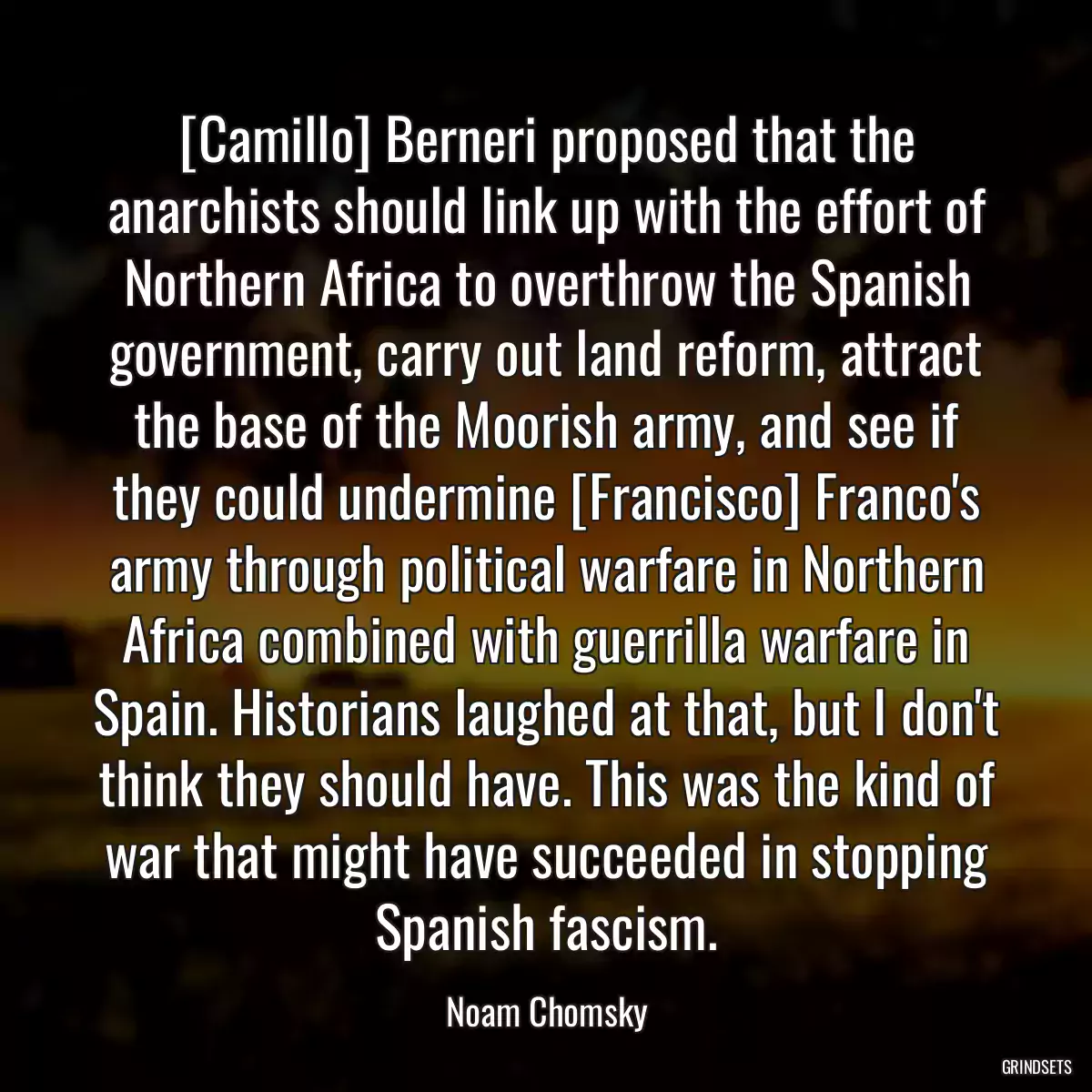 [Camillo] Berneri proposed that the anarchists should link up with the effort of Northern Africa to overthrow the Spanish government, carry out land reform, attract the base of the Moorish army, and see if they could undermine [Francisco] Franco\'s army through political warfare in Northern Africa combined with guerrilla warfare in Spain. Historians laughed at that, but I don\'t think they should have. This was the kind of war that might have succeeded in stopping Spanish fascism.