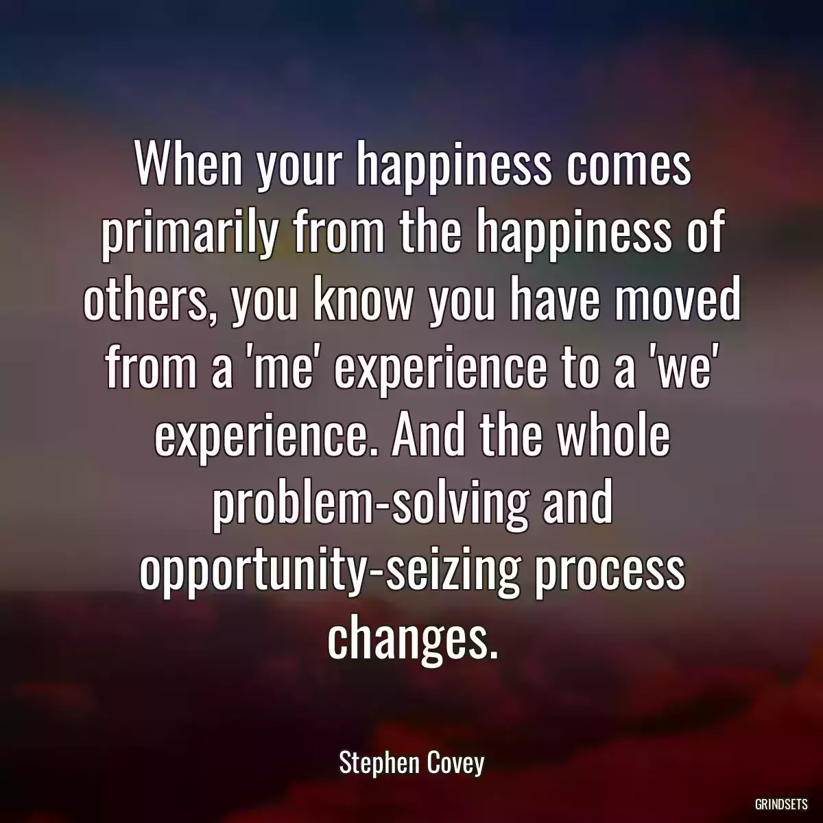 When your happiness comes primarily from the happiness of others, you know you have moved from a \'me\' experience to a \'we\' experience. And the whole problem-solving and opportunity-seizing process changes.