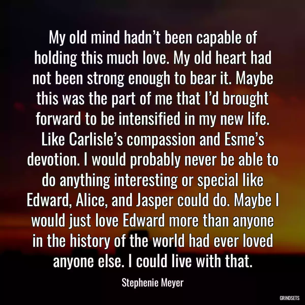 My old mind hadn’t been capable of holding this much love. My old heart had not been strong enough to bear it. Maybe this was the part of me that I’d brought forward to be intensified in my new life. Like Carlisle’s compassion and Esme’s devotion. I would probably never be able to do anything interesting or special like Edward, Alice, and Jasper could do. Maybe I would just love Edward more than anyone in the history of the world had ever loved anyone else. I could live with that.