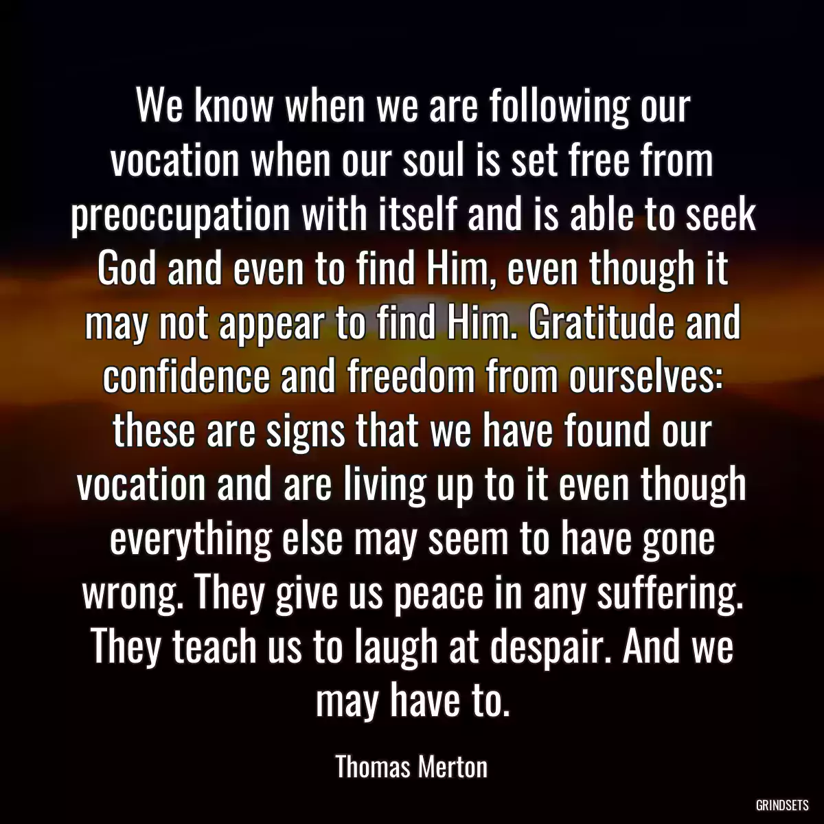 We know when we are following our vocation when our soul is set free from preoccupation with itself and is able to seek God and even to find Him, even though it may not appear to find Him. Gratitude and confidence and freedom from ourselves: these are signs that we have found our vocation and are living up to it even though everything else may seem to have gone wrong. They give us peace in any suffering. They teach us to laugh at despair. And we may have to.