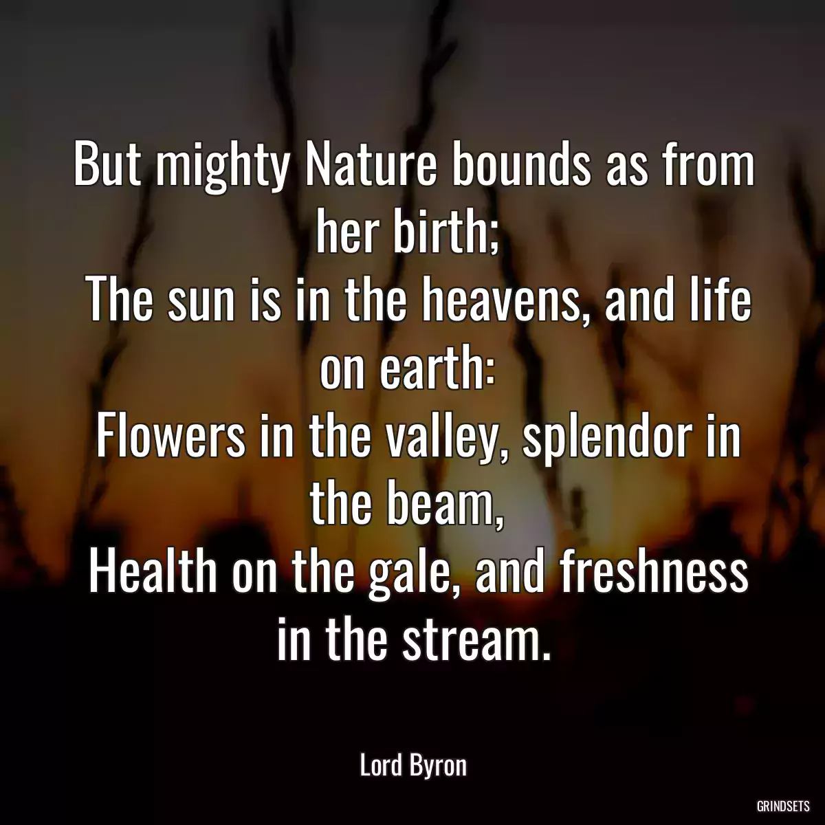 But mighty Nature bounds as from her birth; 
 The sun is in the heavens, and life on earth: 
 Flowers in the valley, splendor in the beam, 
 Health on the gale, and freshness in the stream.