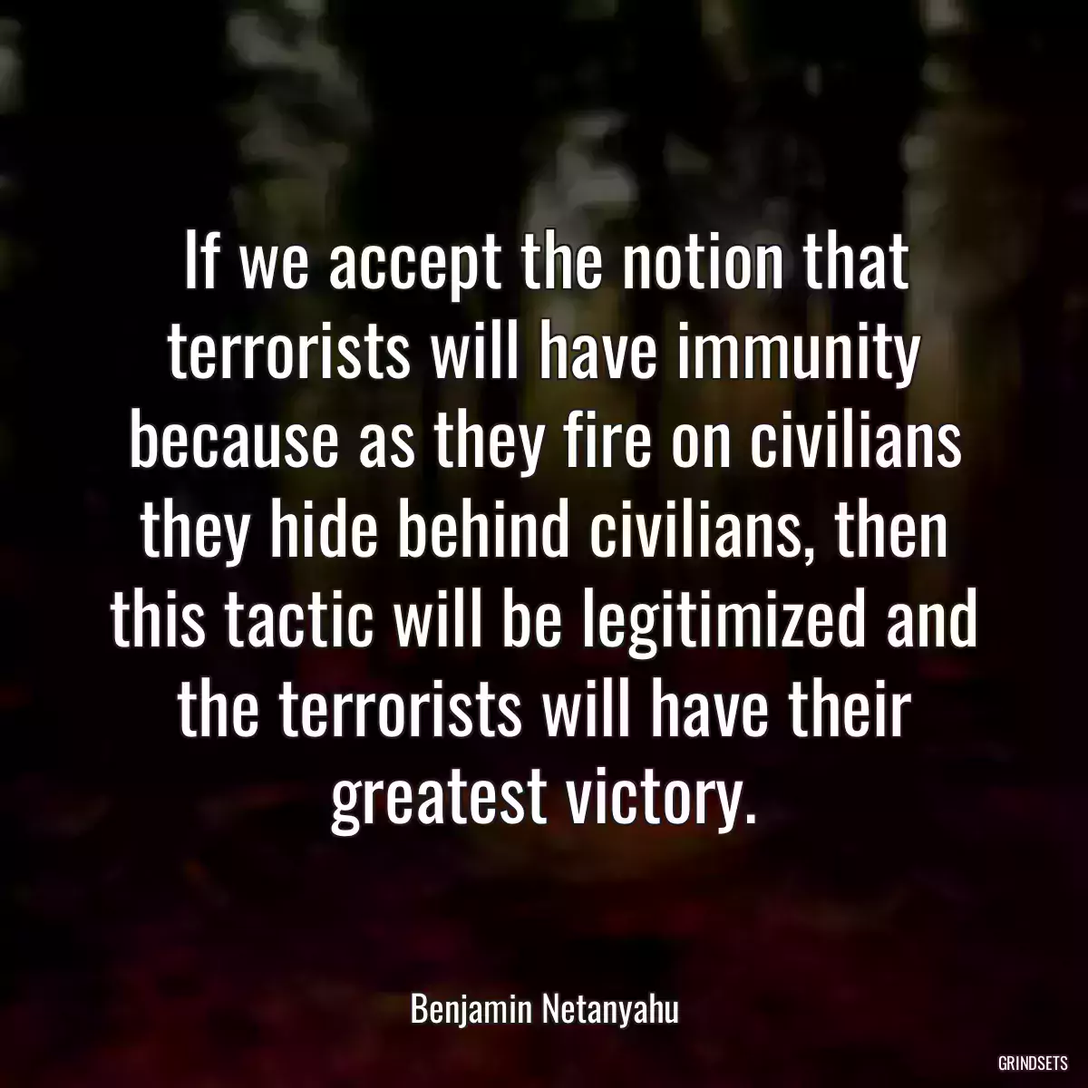 If we accept the notion that terrorists will have immunity because as they fire on civilians they hide behind civilians, then this tactic will be legitimized and the terrorists will have their greatest victory.