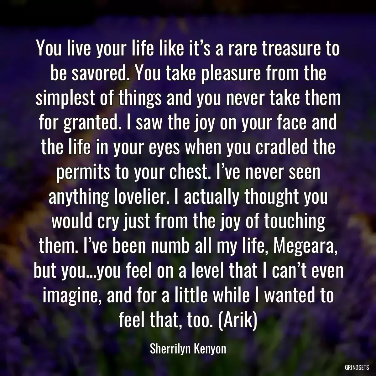 You live your life like it’s a rare treasure to be savored. You take pleasure from the simplest of things and you never take them for granted. I saw the joy on your face and the life in your eyes when you cradled the permits to your chest. I’ve never seen anything lovelier. I actually thought you would cry just from the joy of touching them. I’ve been numb all my life, Megeara, but you…you feel on a level that I can’t even imagine, and for a little while I wanted to feel that, too. (Arik)