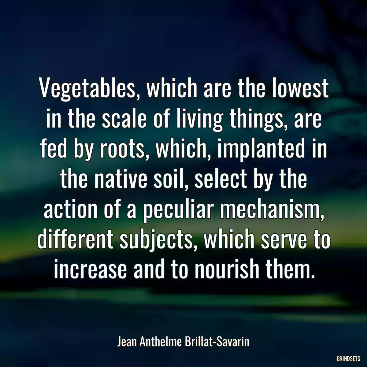 Vegetables, which are the lowest in the scale of living things, are fed by roots, which, implanted in the native soil, select by the action of a peculiar mechanism, different subjects, which serve to increase and to nourish them.