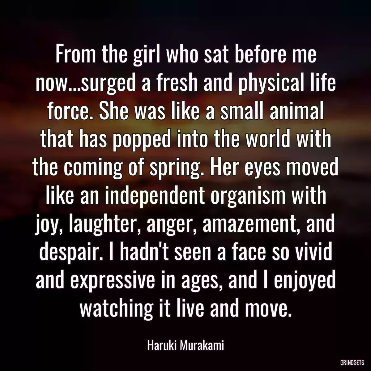 From the girl who sat before me now...surged a fresh and physical life force. She was like a small animal that has popped into the world with the coming of spring. Her eyes moved like an independent organism with joy, laughter, anger, amazement, and despair. I hadn\'t seen a face so vivid and expressive in ages, and I enjoyed watching it live and move.