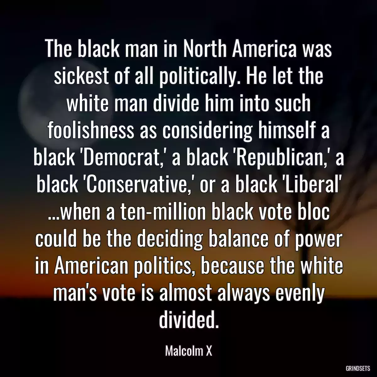 The black man in North America was sickest of all politically. He let the white man divide him into such foolishness as considering himself a black \'Democrat,\' a black \'Republican,\' a black \'Conservative,\' or a black \'Liberal\' ...when a ten-million black vote bloc could be the deciding balance of power in American politics, because the white man\'s vote is almost always evenly divided.