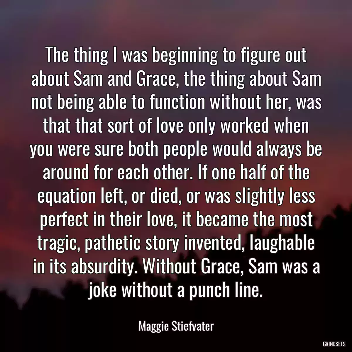 The thing I was beginning to figure out about Sam and Grace, the thing about Sam not being able to function without her, was that that sort of love only worked when you were sure both people would always be around for each other. If one half of the equation left, or died, or was slightly less perfect in their love, it became the most tragic, pathetic story invented, laughable in its absurdity. Without Grace, Sam was a joke without a punch line.