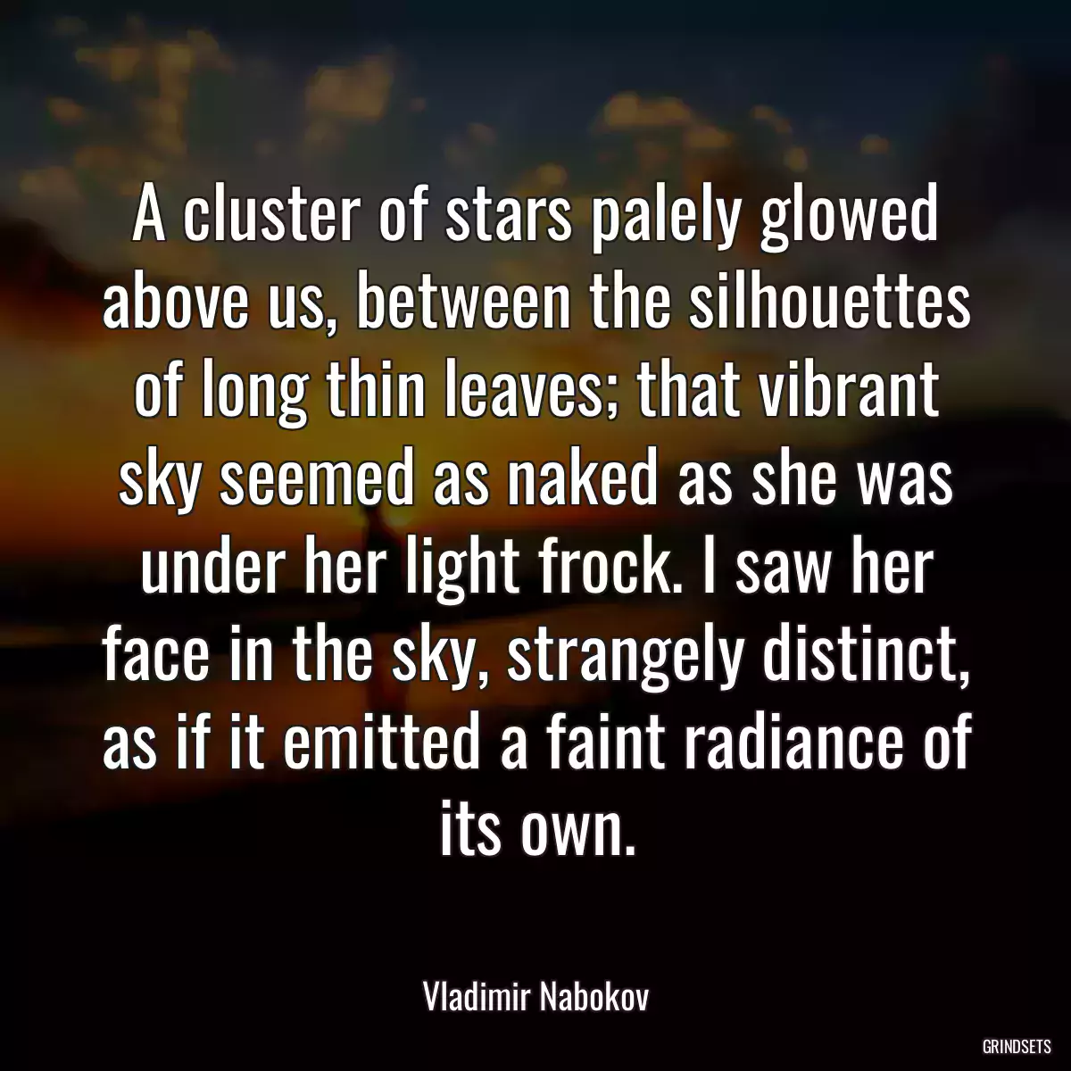 A cluster of stars palely glowed above us, between the silhouettes of long thin leaves; that vibrant sky seemed as naked as she was under her light frock. I saw her face in the sky, strangely distinct, as if it emitted a faint radiance of its own.