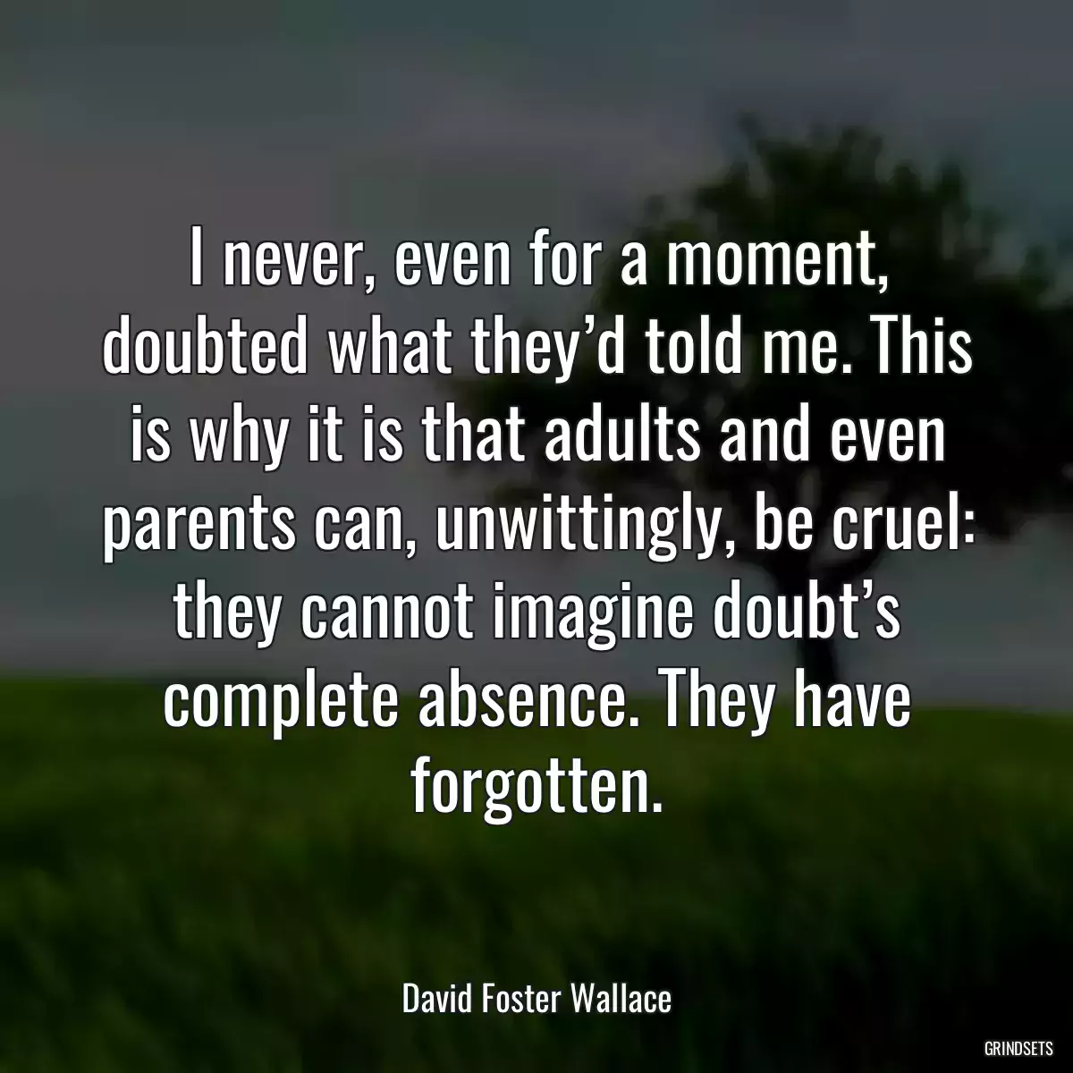 I never, even for a moment, doubted what they’d told me. This is why it is that adults and even parents can, unwittingly, be cruel: they cannot imagine doubt’s complete absence. They have forgotten.