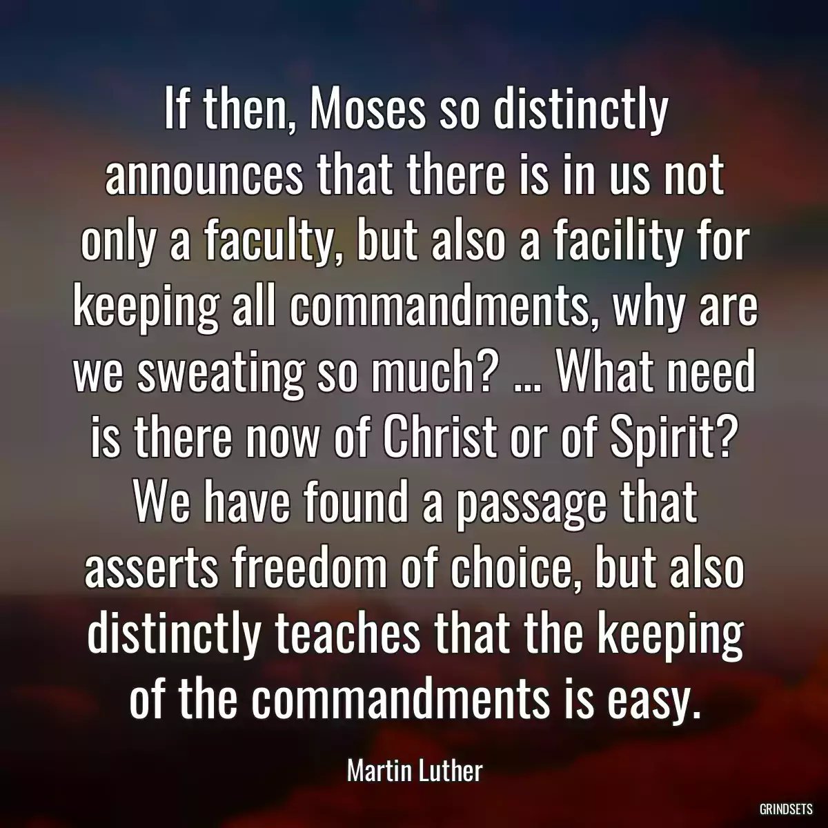 If then, Moses so distinctly announces that there is in us not only a faculty, but also a facility for keeping all commandments, why are we sweating so much? ... What need is there now of Christ or of Spirit? We have found a passage that asserts freedom of choice, but also distinctly teaches that the keeping of the commandments is easy.