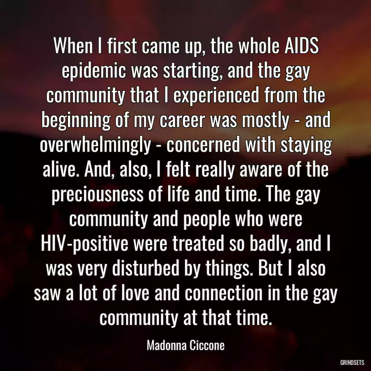 When I first came up, the whole AIDS epidemic was starting, and the gay community that I experienced from the beginning of my career was mostly - and overwhelmingly - concerned with staying alive. And, also, I felt really aware of the preciousness of life and time. The gay community and people who were HIV-positive were treated so badly, and I was very disturbed by things. But I also saw a lot of love and connection in the gay community at that time.