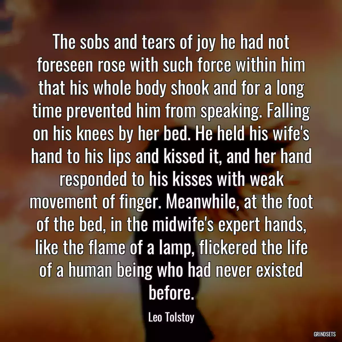 The sobs and tears of joy he had not foreseen rose with such force within him that his whole body shook and for a long time prevented him from speaking. Falling on his knees by her bed. He held his wife\'s hand to his lips and kissed it, and her hand responded to his kisses with weak movement of finger. Meanwhile, at the foot of the bed, in the midwife\'s expert hands, like the flame of a lamp, flickered the life of a human being who had never existed before.