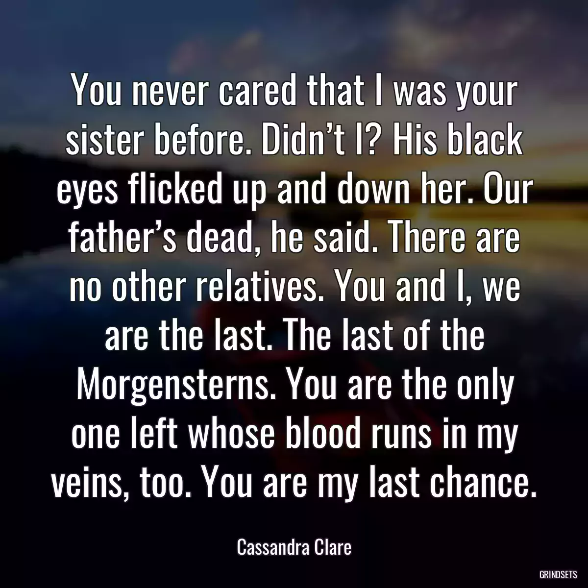 You never cared that I was your sister before. Didn’t I? His black eyes flicked up and down her. Our father’s dead, he said. There are no other relatives. You and I, we are the last. The last of the Morgensterns. You are the only one left whose blood runs in my veins, too. You are my last chance.