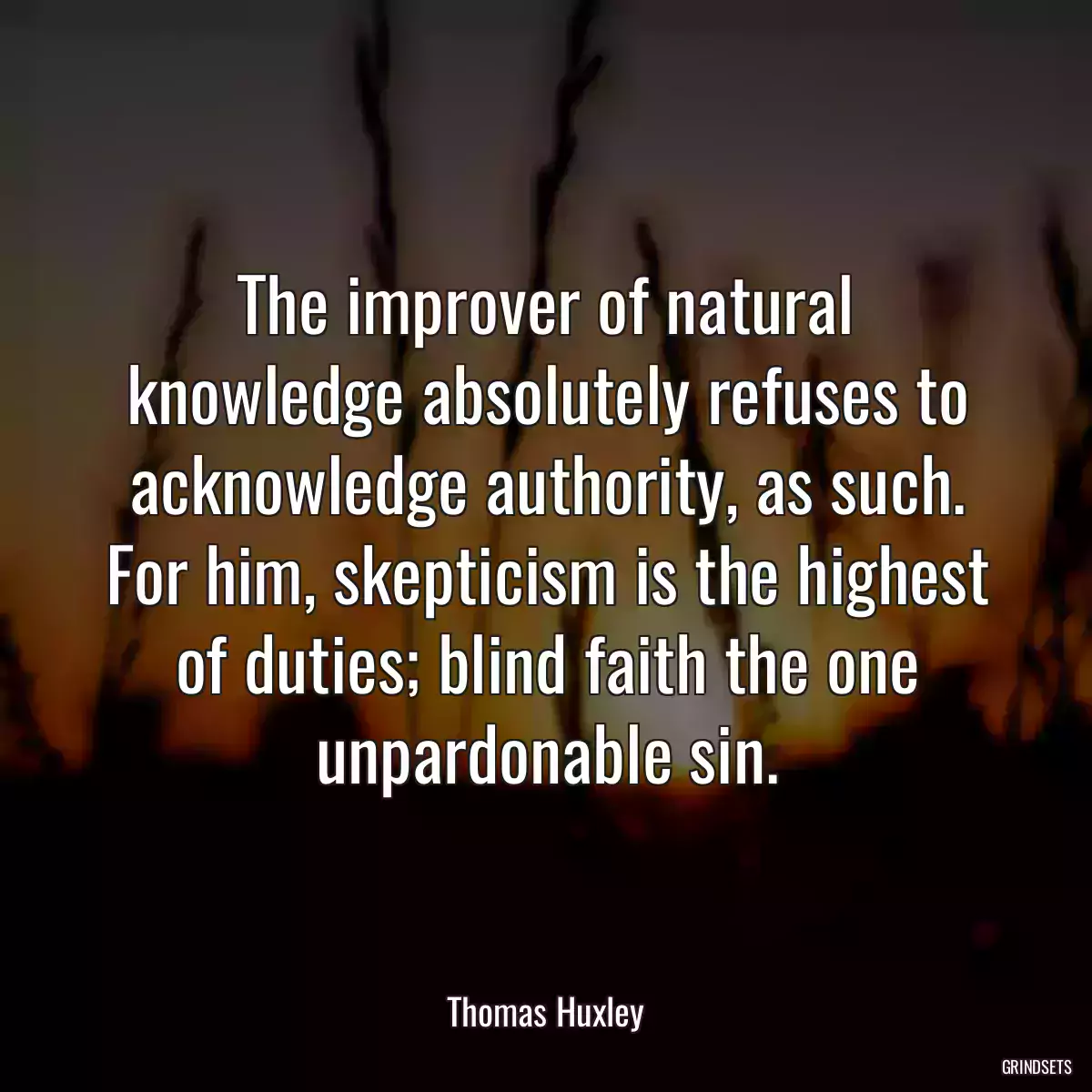 The improver of natural knowledge absolutely refuses to acknowledge authority, as such. For him, skepticism is the highest of duties; blind faith the one unpardonable sin.