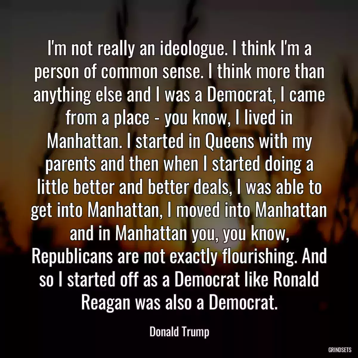 I\'m not really an ideologue. I think I\'m a person of common sense. I think more than anything else and I was a Democrat, I came from a place - you know, I lived in Manhattan. I started in Queens with my parents and then when I started doing a little better and better deals, I was able to get into Manhattan, I moved into Manhattan and in Manhattan you, you know, Republicans are not exactly flourishing. And so I started off as a Democrat like Ronald Reagan was also a Democrat.