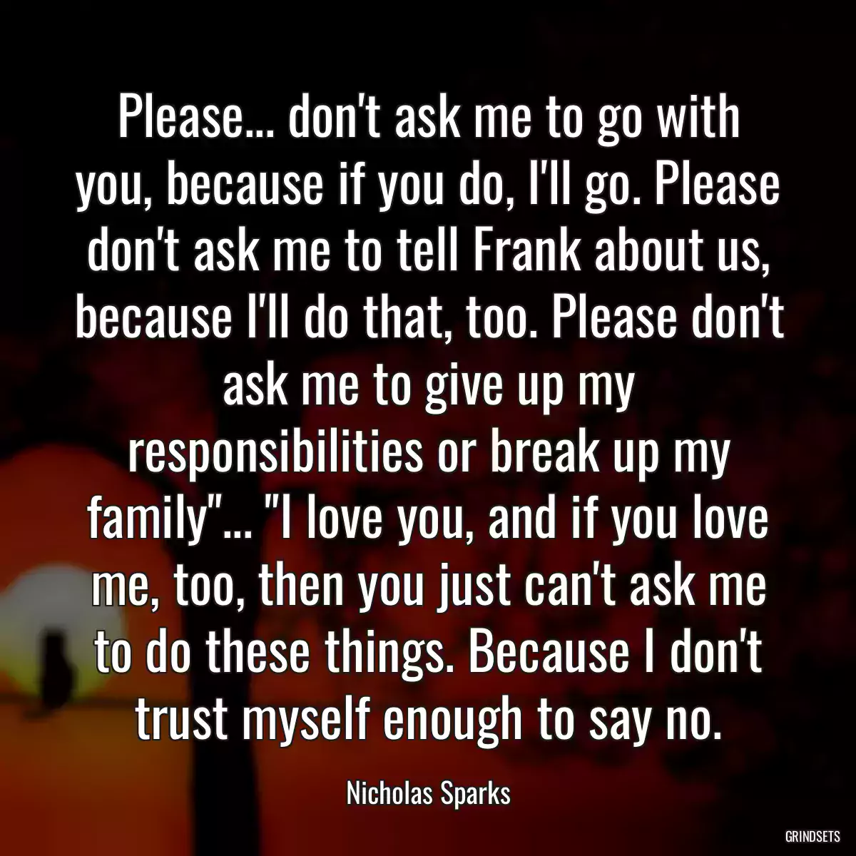 Please... don\'t ask me to go with you, because if you do, I\'ll go. Please don\'t ask me to tell Frank about us, because I\'ll do that, too. Please don\'t ask me to give up my responsibilities or break up my family\