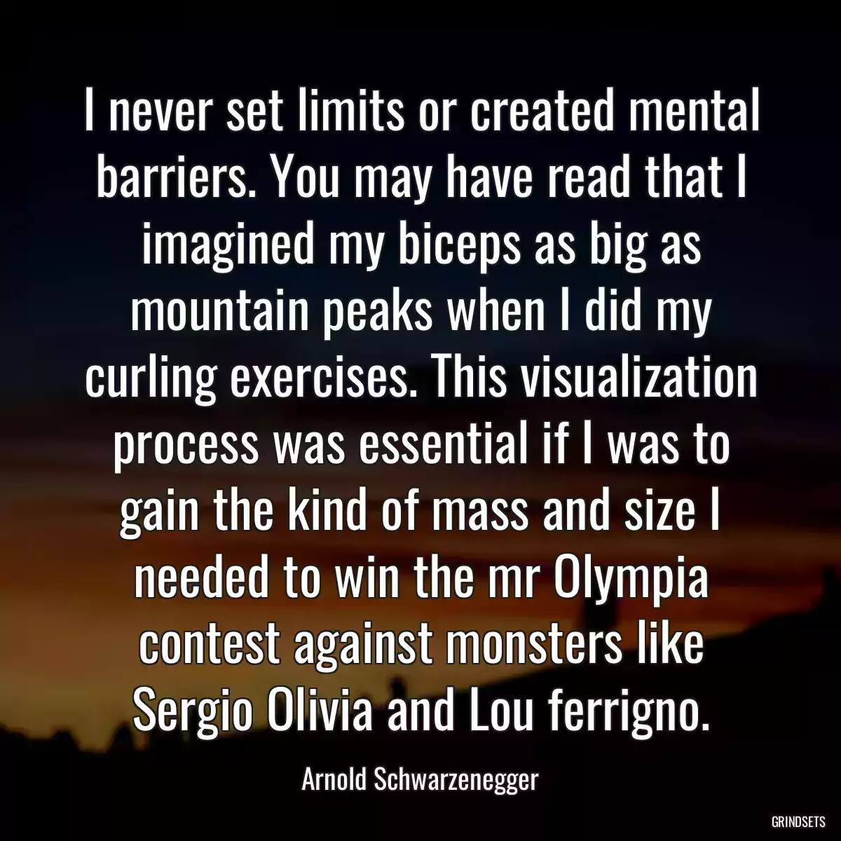 I never set limits or created mental barriers. You may have read that I imagined my biceps as big as mountain peaks when I did my curling exercises. This visualization process was essential if I was to gain the kind of mass and size I needed to win the mr Olympia contest against monsters like Sergio Olivia and Lou ferrigno.