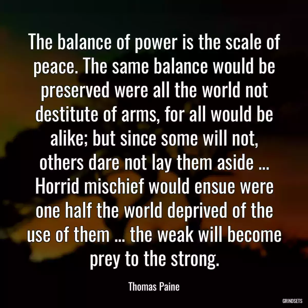 The balance of power is the scale of peace. The same balance would be preserved were all the world not destitute of arms, for all would be alike; but since some will not, others dare not lay them aside ... Horrid mischief would ensue were one half the world deprived of the use of them ... the weak will become prey to the strong.