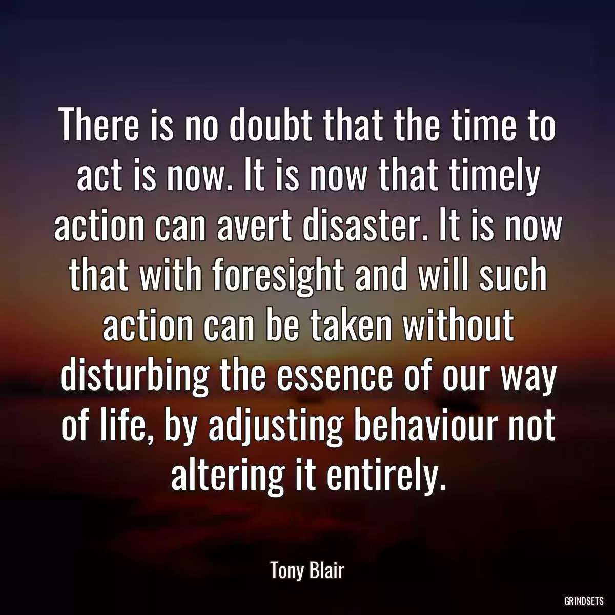 There is no doubt that the time to act is now. It is now that timely action can avert disaster. It is now that with foresight and will such action can be taken without disturbing the essence of our way of life, by adjusting behaviour not altering it entirely.